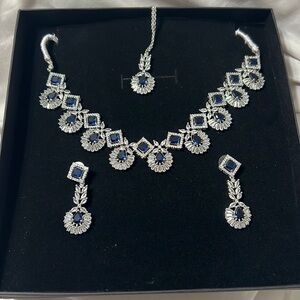 Jewelry set 4 piece set. Necklace earrings and bindi tikka blue silver beautiful